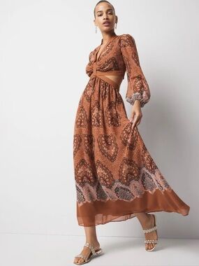 WHBM Long-Sleeve V-Neck Cutout Midi Palace Placed Sahara Dress Size 4